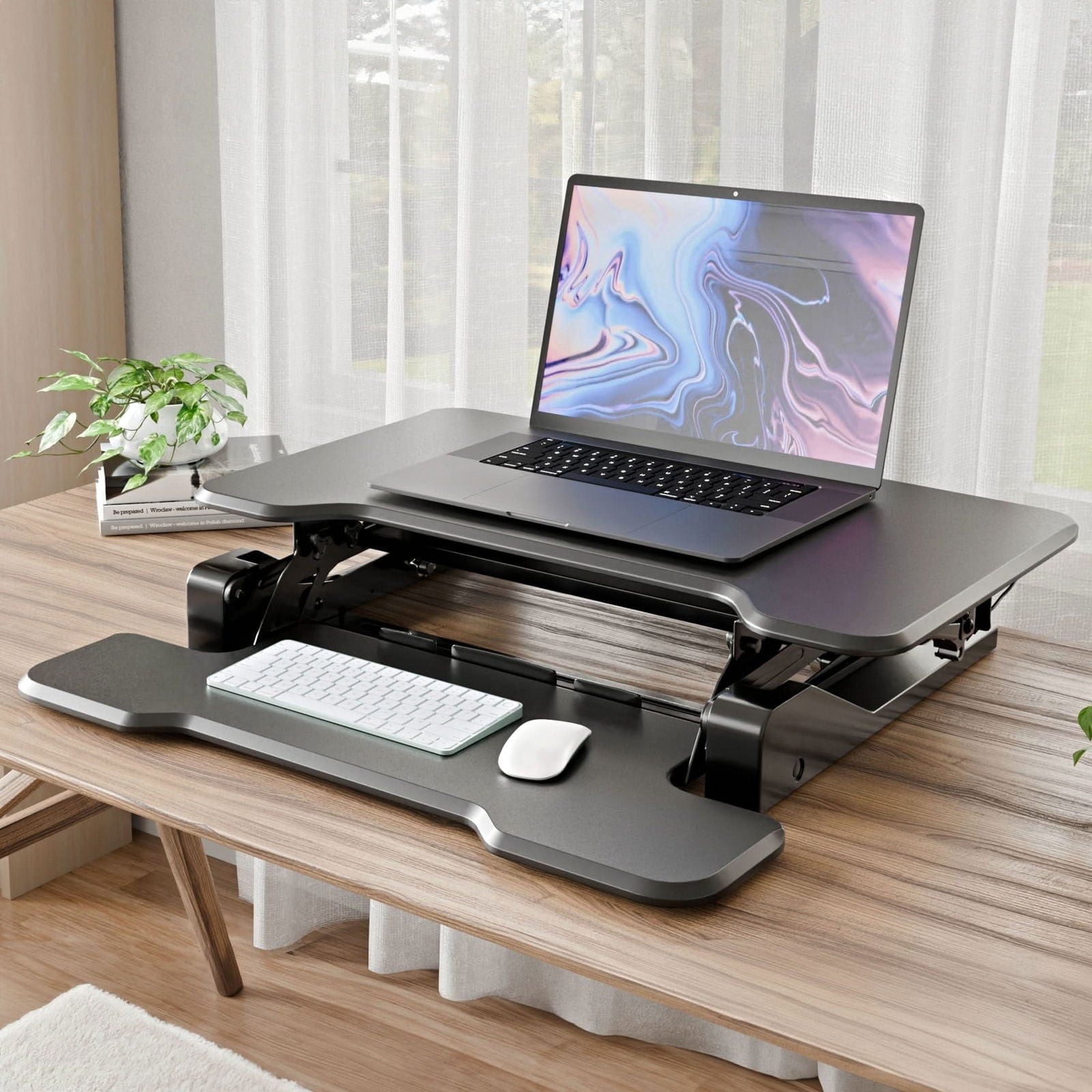 30'' Compact Standing Desk Converter – Height Adjustable Sit Stand Riser with Keyboard Tray, Gas Spring Lift – Ideal for Small Spaces, Home or Office, Black