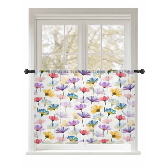 Sheer Curtains 45 Inch Length, Watercolor Flowers Semi Sheer Curtains Light Filtering Window Treatment, Spring Floral Plants Country Privacy Voile Drapes for Living Room Bedroom 52x45 Inch