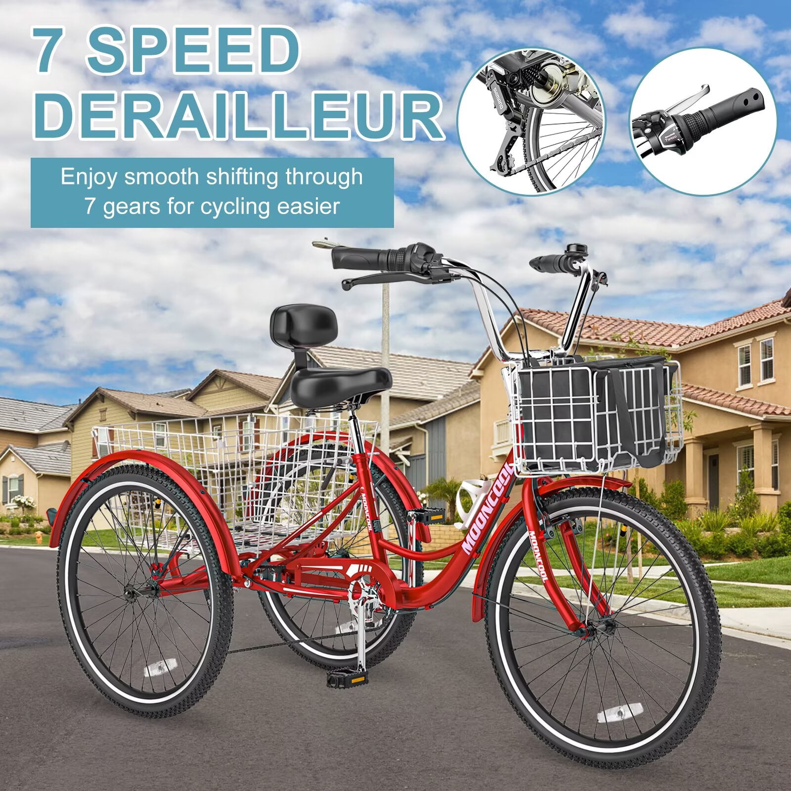Lilypelle Adult Tricycles 7 Speed 24Inch Three Wheel Bike Cruiser Trike with Low-Step Through Frame/Large Front & Rear Basket for Men, Women, Seniors