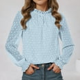thumbnail image 2 of idosla Girls Long Sleeve Shirts Chiffon Blouses Swiss Dot Frill Neck Casual Loose Cute Top Tee (Light Blue, 12-13 Years), 2 of 5