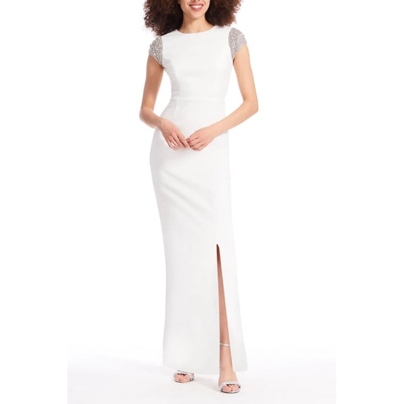 Emily Shalant Boat Neck Short Crystal Cap Sleeves Back Zipper Long Dress-IVORY / 10