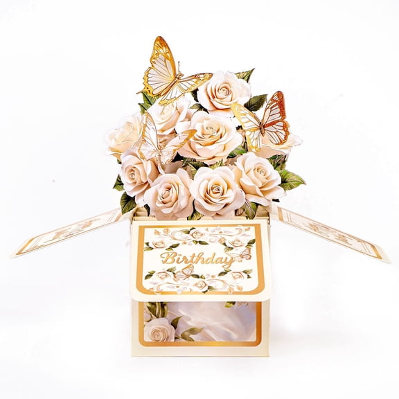 White Gold Birthday Cards with 3D Rose Pop Up Beautiful Floral Greeting Card for Women, Unique & Surprising Happy Birthday Card