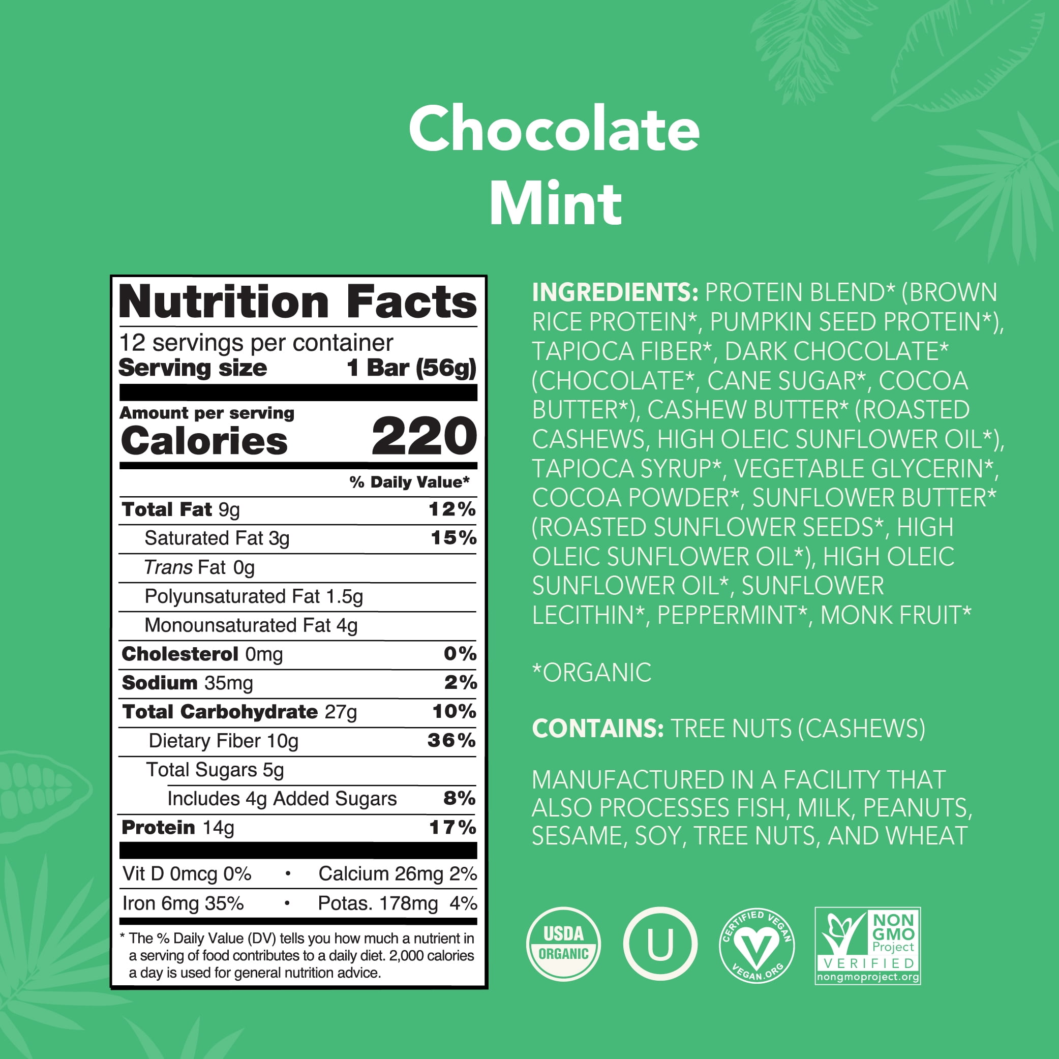 ALOHA Plant Based Protein Bars, Chocolate Mint, 14g Protein (Pack of 12)