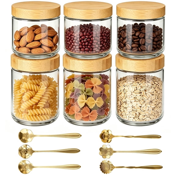 CWYEYE Glass Storage Jars, 16 oz & 12 oz, 6 Pack Glass Jar with Lids and Spoons, for Oats Nuts Coffee Beans