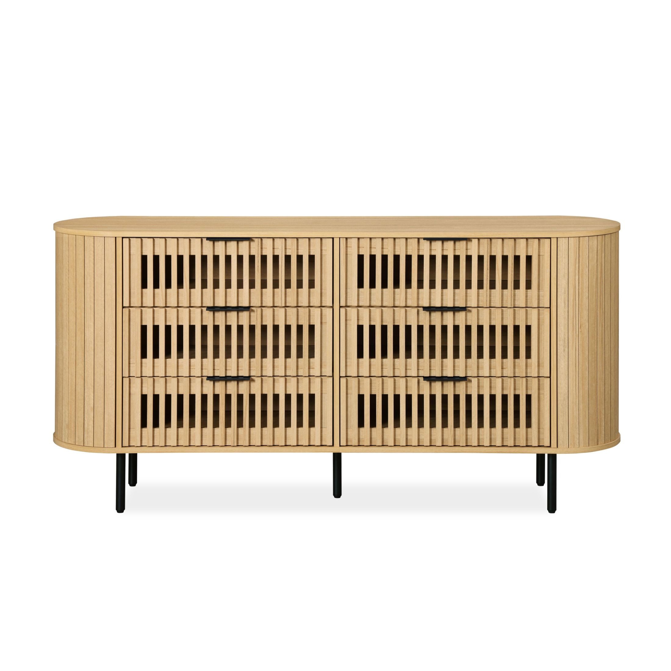 FITUEYES Wide 6-Drawer Dresser, Mid-Century Modern TV Stand with Storage for 70'' TV, Wood Chest of Drawers for Bedroom, Living Room, Oak
