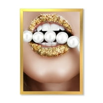 Designart 'Gold Leaf Lips Mouth With Pearls' Modern Framed Art Print
