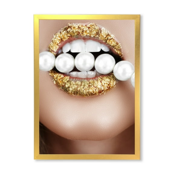 Designart 'Gold Leaf Lips Mouth With Pearls' Modern Framed Art Print