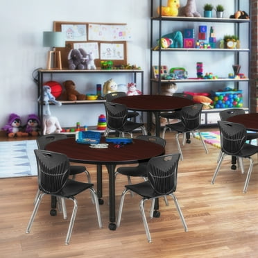 Regency Kee 42 in. Round Adjustable Classroom Table- Mahogany & 4 Andy 12 in. Stack Chairs- Black