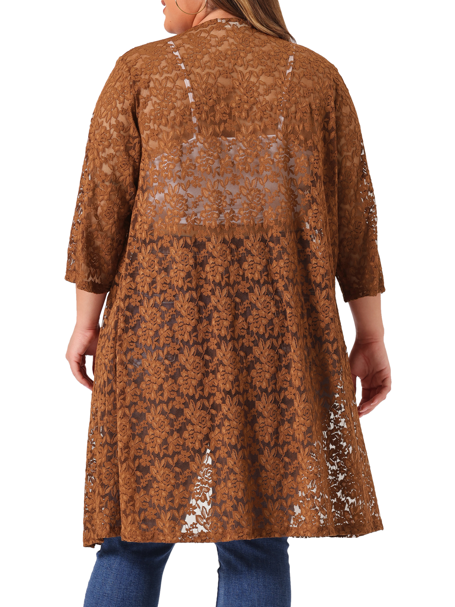 DARING DIVA Women's Plus Size Lace Crochet 3/4 Sleeve Cover Up Jacket 3X Brown