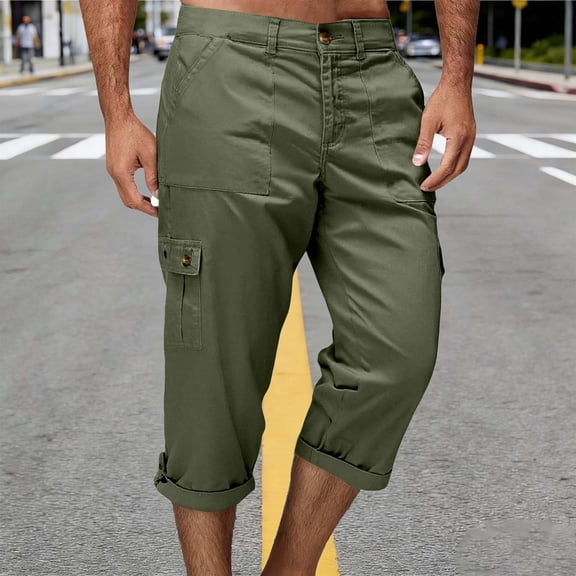 BRGZLK Men's Capri Pants Casual Summer Cargo 3/4 Pant Button Zipper Below Knee Running Hiking Pants Multi-Pockets