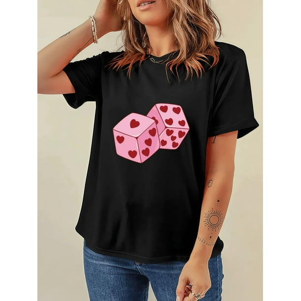 Camiseta de manga corta de algodón puro con estampado digital de cerezas y dados para San Valentín, camisetas informales