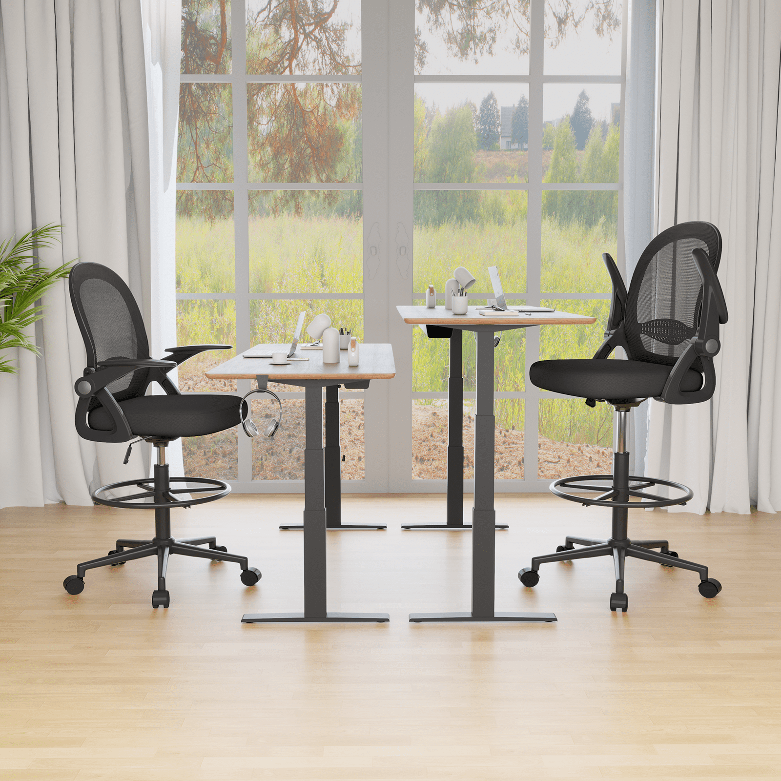 Dryfeedo Drafting Chair, Ergonomic Tall Office Chair with Adjustable Flip-Up Armrests and Footrest, Black