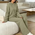 thumbnail image 5 of hoksml Women's Ribbed Knit Hooded Tracksuit 2 Piece Outfit, V Neck Long Sleeve Top and Wide Leg Pants Casual Loungewear Set, 5 of 8