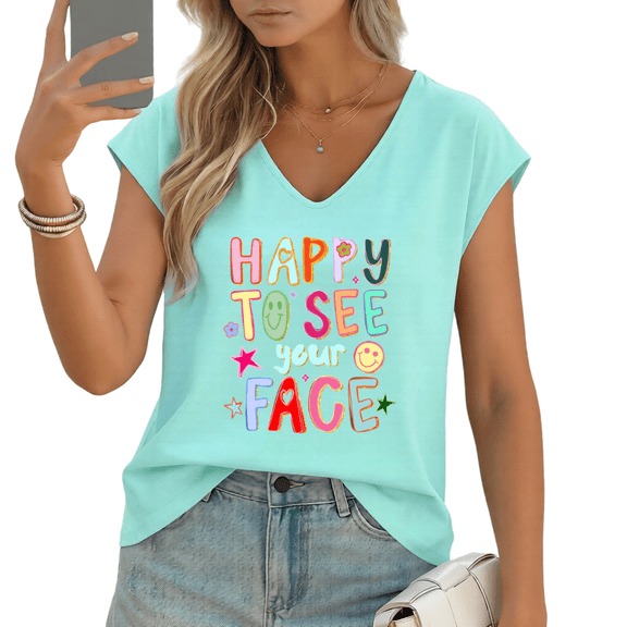 UNISHE Women's "HAPPY TO SEE YOUR FACE" Colorful Text V-Neck Sleeveless T-Shirt Casual Summer Tank Top