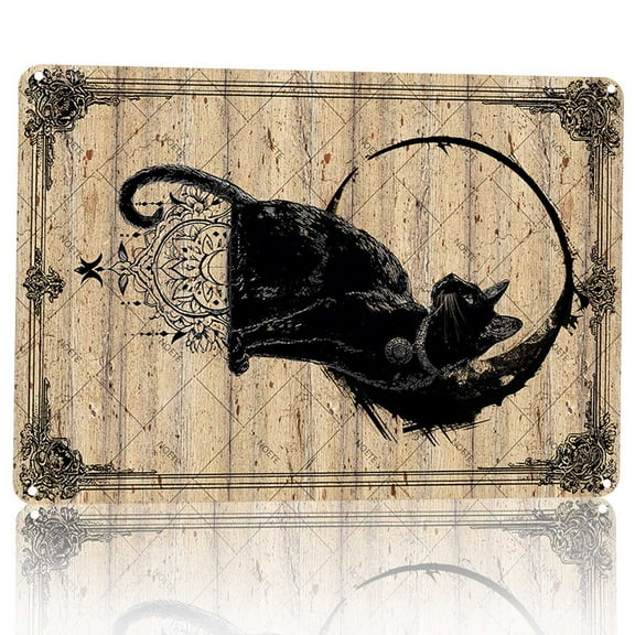 Noete 8x12 Inch Gothic Black Cat & Moon Metal Tin Sign, Vintage Witchy Wall Decor for Home, Kitchen, Bar - Unique Metal Art for Halloween & Mystic Theme Decoration