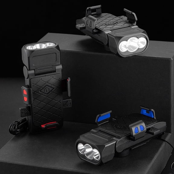 Multifunctional Bike Headlight USB Rechargeable | 500 Lumen LED Front Light with 3000mAh Power Bank, Bluetooth Speaker, 130dB Horn, Waterproof | Adjustable Phone Mount, Blue/Red | Fits All Bicycles