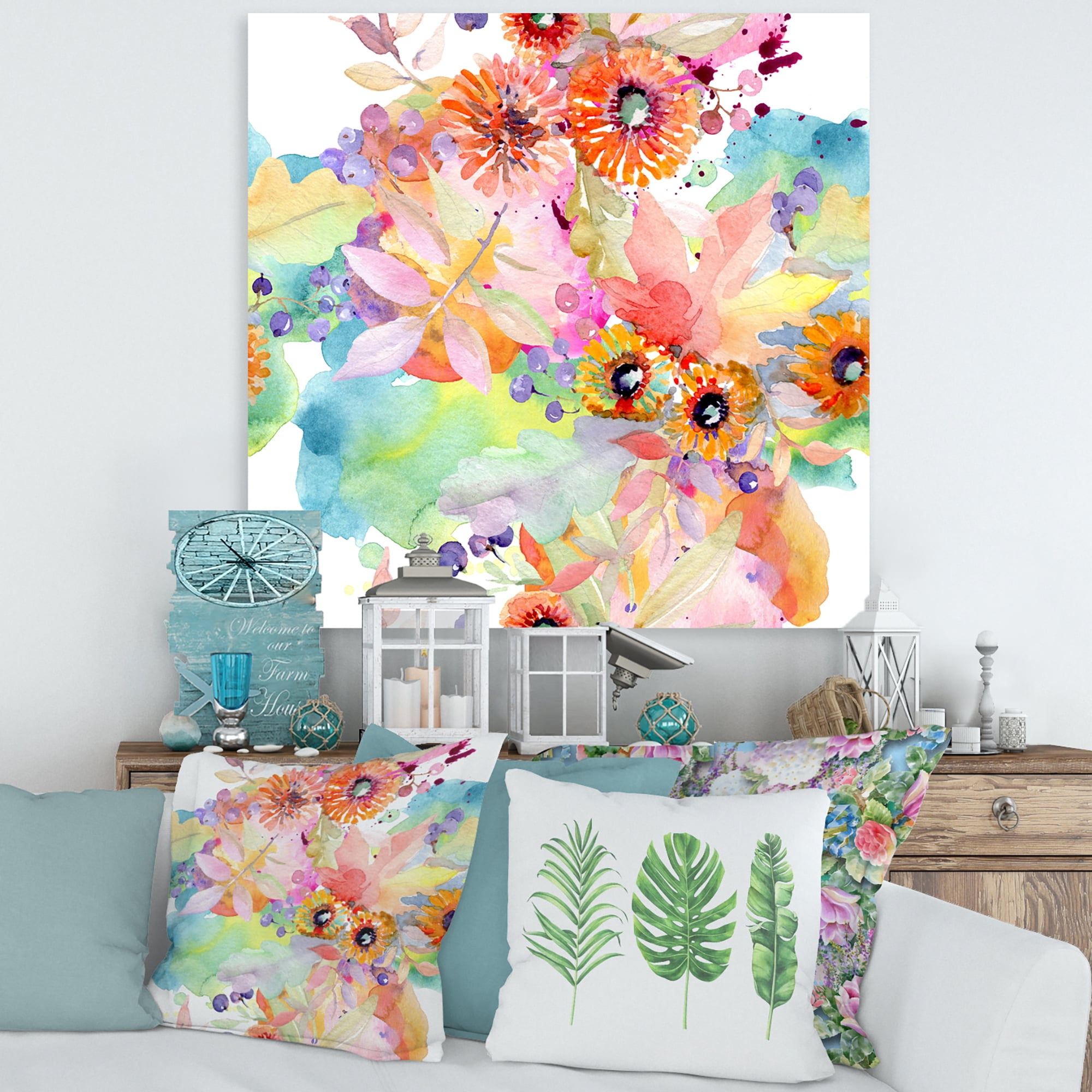 Designart ' Wildflowers and Vibrant Wild Spring Leaves I ' Traditional Canvas Wall Art Print