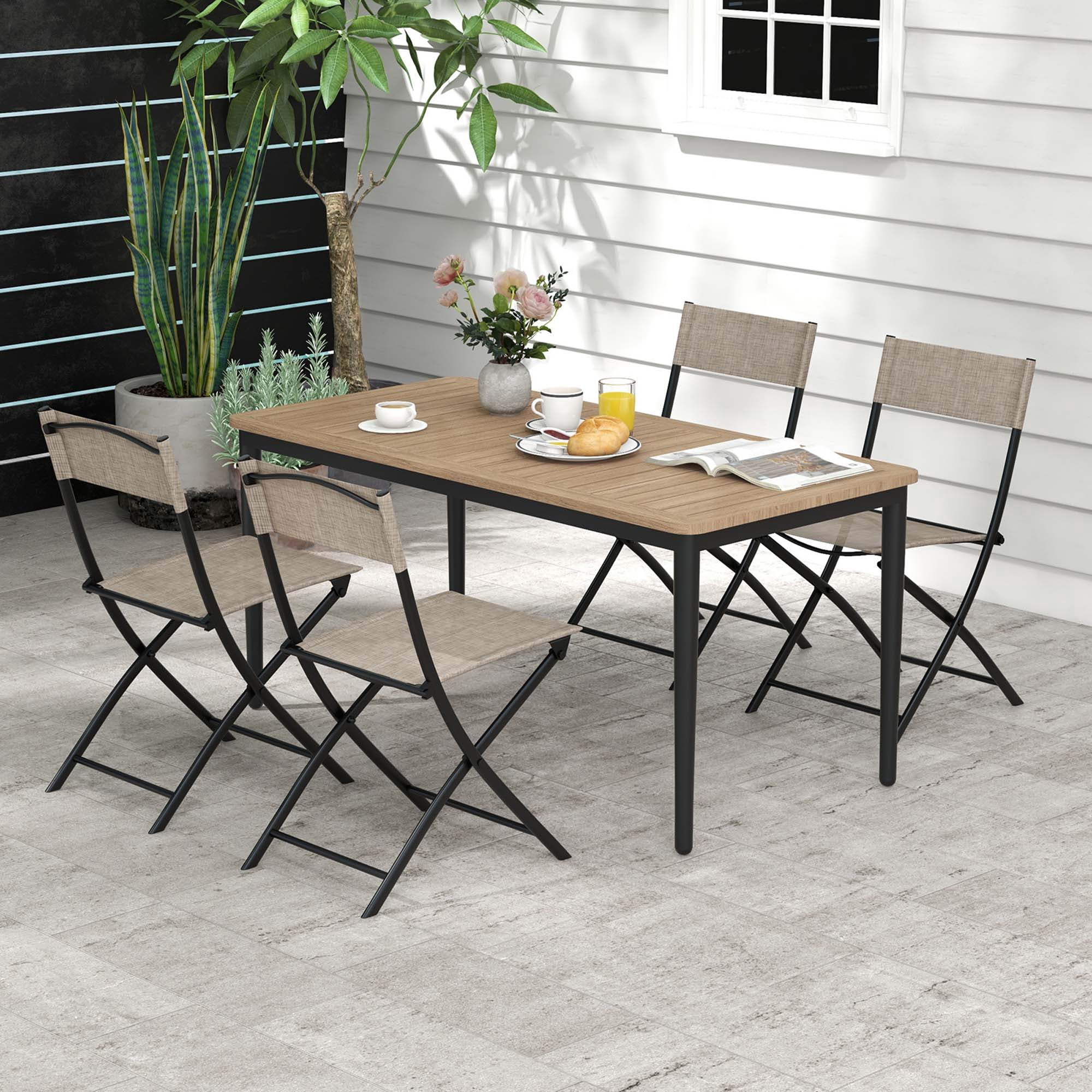 Costway Patio Metal Outdoor Camping Breathable and Lightweight Folding Chairs, Coffee (Set of 4)