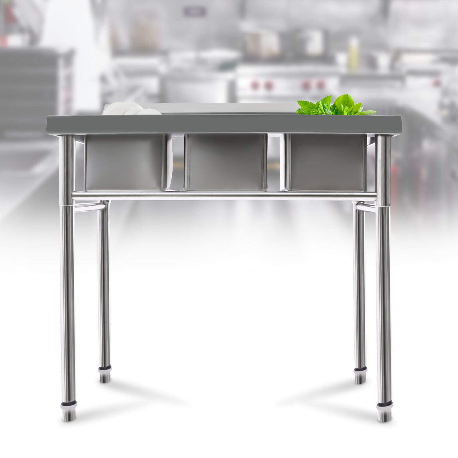 3 Compartment Utility Sink, 39" L x 18" W x 35.8" D Free Standing Triple Bowl Kitchen Sink with Cold and Hot Water Faucet, Commercial Stainless Steel Bowl for Kitchens, Garage, Laundry