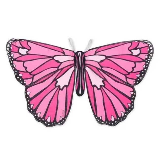 alas de mariposa rosa - hearthsong hearthsong cg732682pk rosa, vista frontal centrada de alas simétricas con silueta ancha, patrón de venas en trazos negros, degradado de rosa claro a fucsia y motas blancas en el borde; correas elásticas en la parte superior, uso común para muñecas y peluches.
