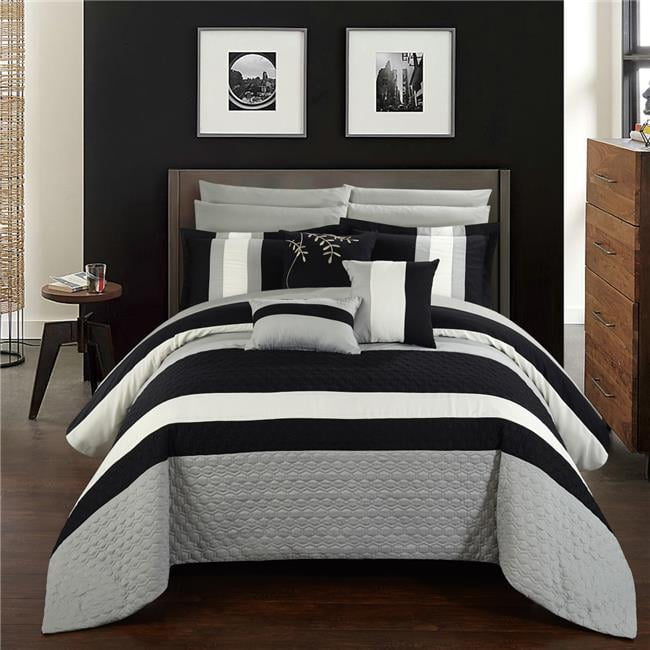 Chic Home Cs2536 Us Hudson Complete Bedroom Set With Octagon Embroidery Color Block Pattern Bed In A Bag Comforter Set With Sheets Black King 10