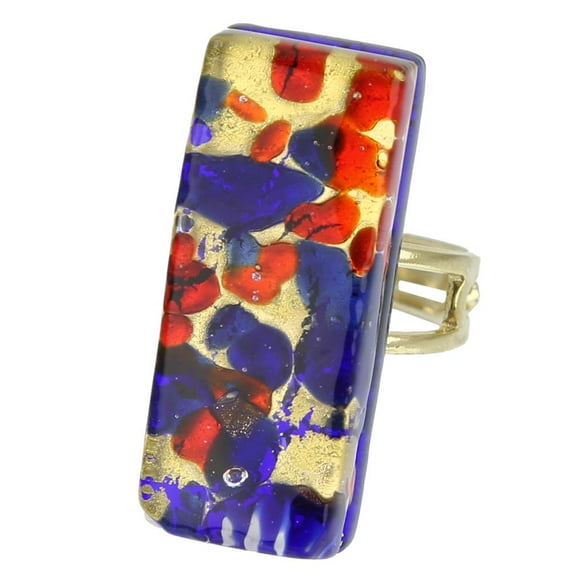 GlassOfVenice Murano Glass Venetian Reflections Rectangular Adjustable Ring - Blue Red