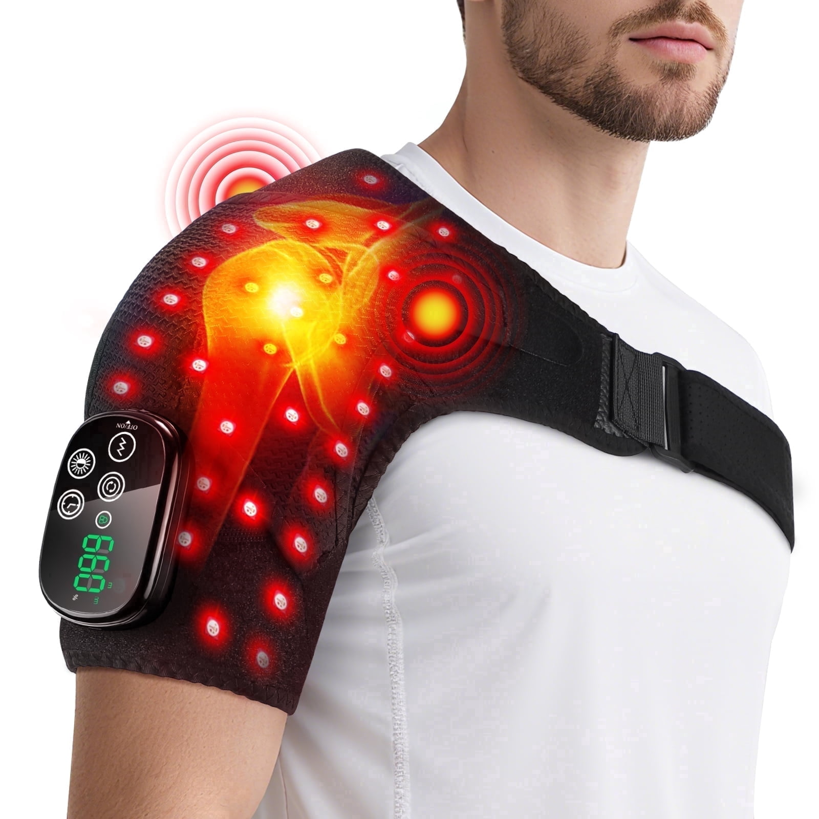 Cordless Red Light Heated Shoulder Massager, 50 Dual-Chip 660/850nm LEDs, Shoulder Heating Pad Wrap Brace with 3 Vibration, Adjustable XL Fit for Office Workers Drivers, 5000mAh