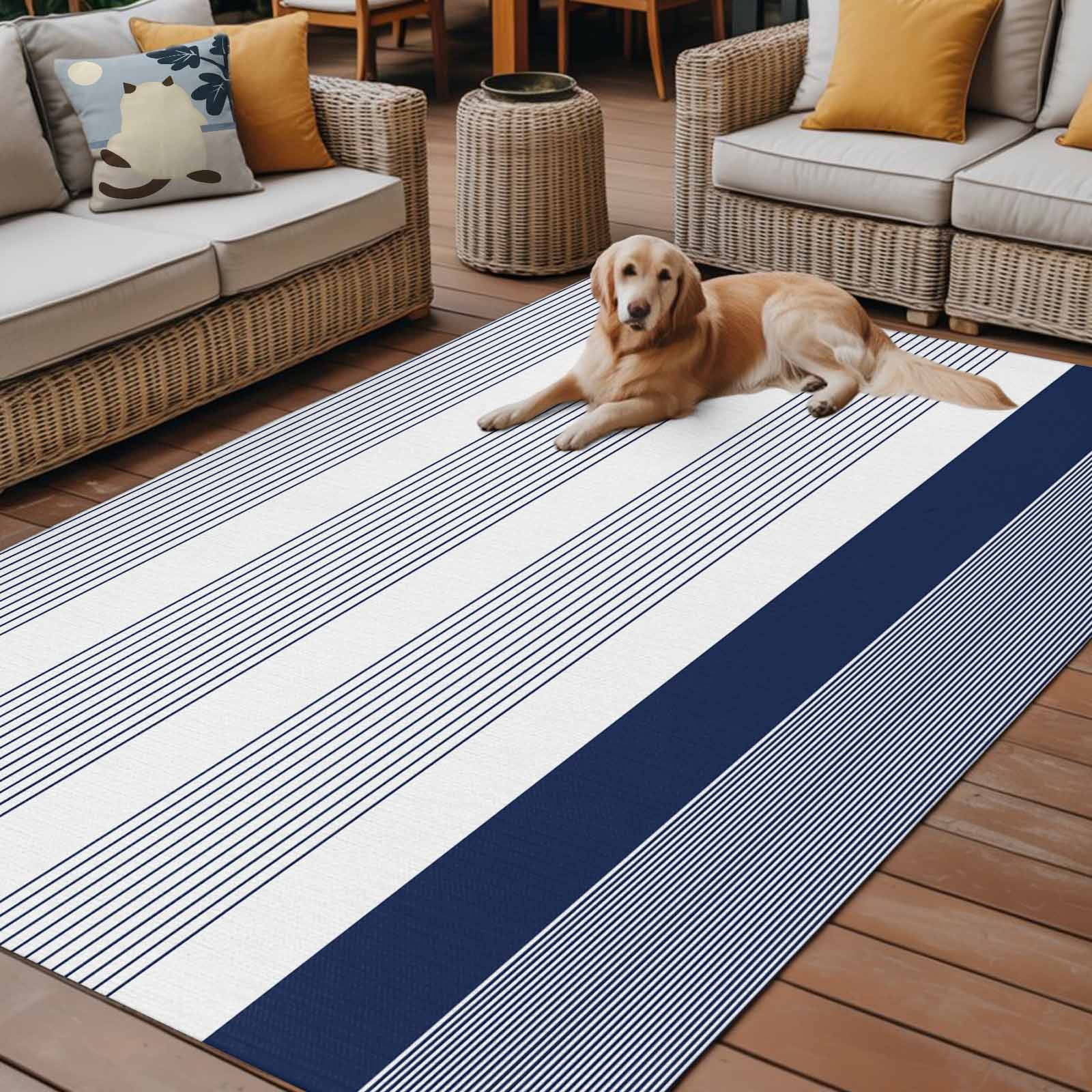 3' x 5' Outdoor Rug, Navy Blue Stripe Outdoor Washable Rug Large Floor Carpet, Modern Rustic Horizontal Blue Striped Non Shedding Area Rug for Outside Patio RV Porch Deck Balcony Camping Living Room
