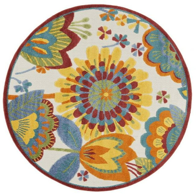 HomeRoots 385123 5 ft. Round Yellow & Ivory Indoor & Outdoor Area Rug