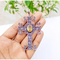 Yellow Citrine Cross Pendant 925 Sterling Silver Handmade Gemstone Jewelry 3.18"