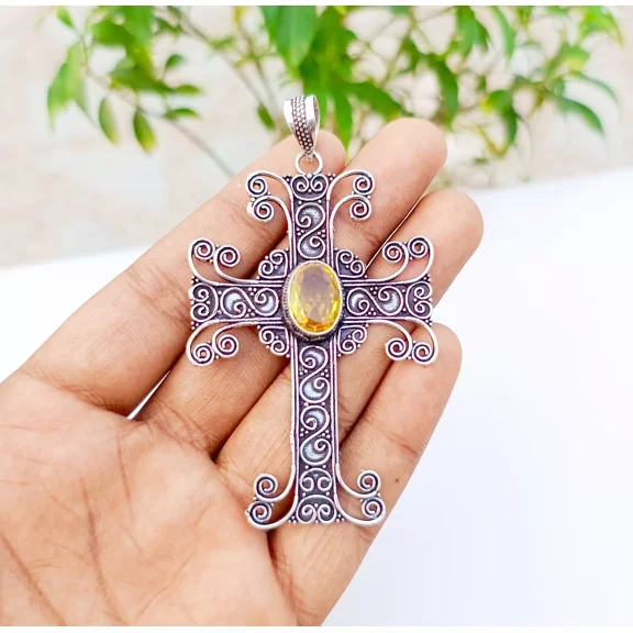 Yellow Citrine Cross Pendant 925 Sterling Silver Handmade Gemstone Jewelry 3.18"
