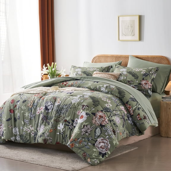 Davulos Green Floral Comforter Set Queen Size,7 Piece Bed in a Bag Queen Bed Set Botanical Bird Complete Bedding Set with Sheets for All Season