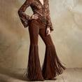 thumbnail image 5 of Karymi Women's Shorts Western Style Fringe Bell Bottom Trousers, Solid High Waist Flare Long Pants, Slim Fit Stretch Retro Cowboy Pants , Belt Not Included Linen&nbsp;Pants&nbsp;Women, 5 of 6
