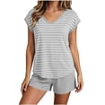 thumbnail image 5 of hoksml Women's V Neck Cap Sleeve Striped Top with Chest Pads Shorts Pajama Set Elastic Waist Summer Lounge, 5 of 6