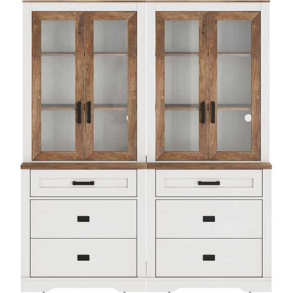 WAMPAT 3-Tier Bookcase, 73.3" Tall Farmhouse Shelf with 6 Drawers & 6 Shelves & 2 Glass Doors, Freestanding Storage Cabinet for Living Room, Bedroom, Home Office, White