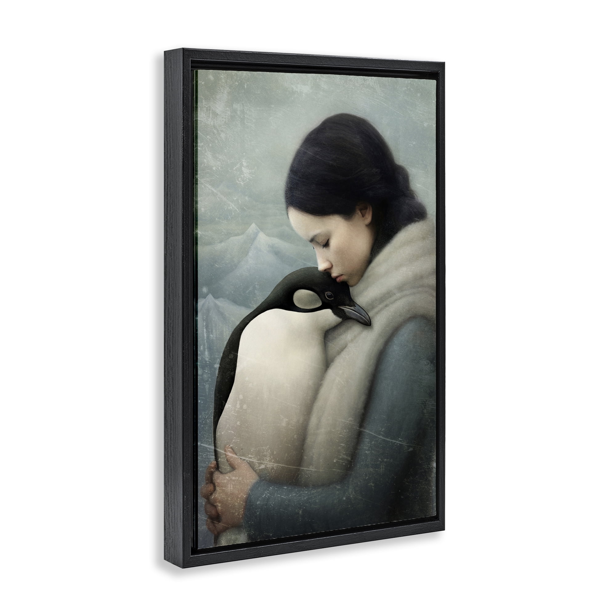 Stupell Industries Girl and Her Penguin People Painting Black Floater Framed Canvas Art Print Wall Art, 17 x 25