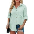 thumbnail image 1 of Camisas con cuello en V para mujer, con botones, manga larga de murciélago, blusas casuales de gran tamaño con bolsillo, 1 of 6