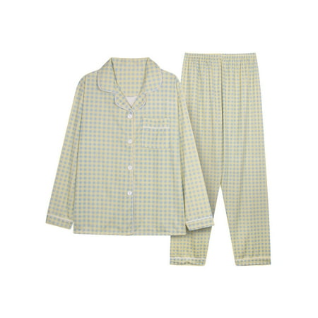 

Beiwei Ladies Nightwear Lapel Pajamas Sets Button Down Sleepwear Casual Lounge Set Pjs Long Sleeve Single Breasted Green Plaid 2XL
