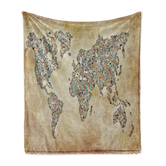 Collage Soft Flannel Fleece Throw Blanket, Vintage Backgrounded Various Photos Shaped as World Map Travelling Continents, Cozy Plush for Indoor and Outdoor Use, 60" x 80", Multicolor, by Ambesonne