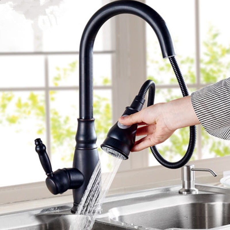Pull Down Kitchen Sink Faucet with Deck Plate Solid Brass Single Handle Pull Out Sprayer Oil Rubbed Bronze Kitchen Faucet