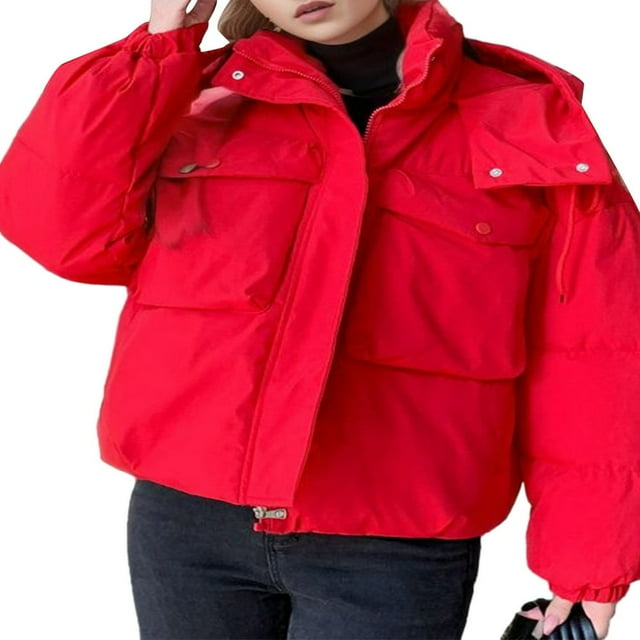 Solid Color Long Sleeve Puffer Coat with Hood and 2 Pockets for Women
