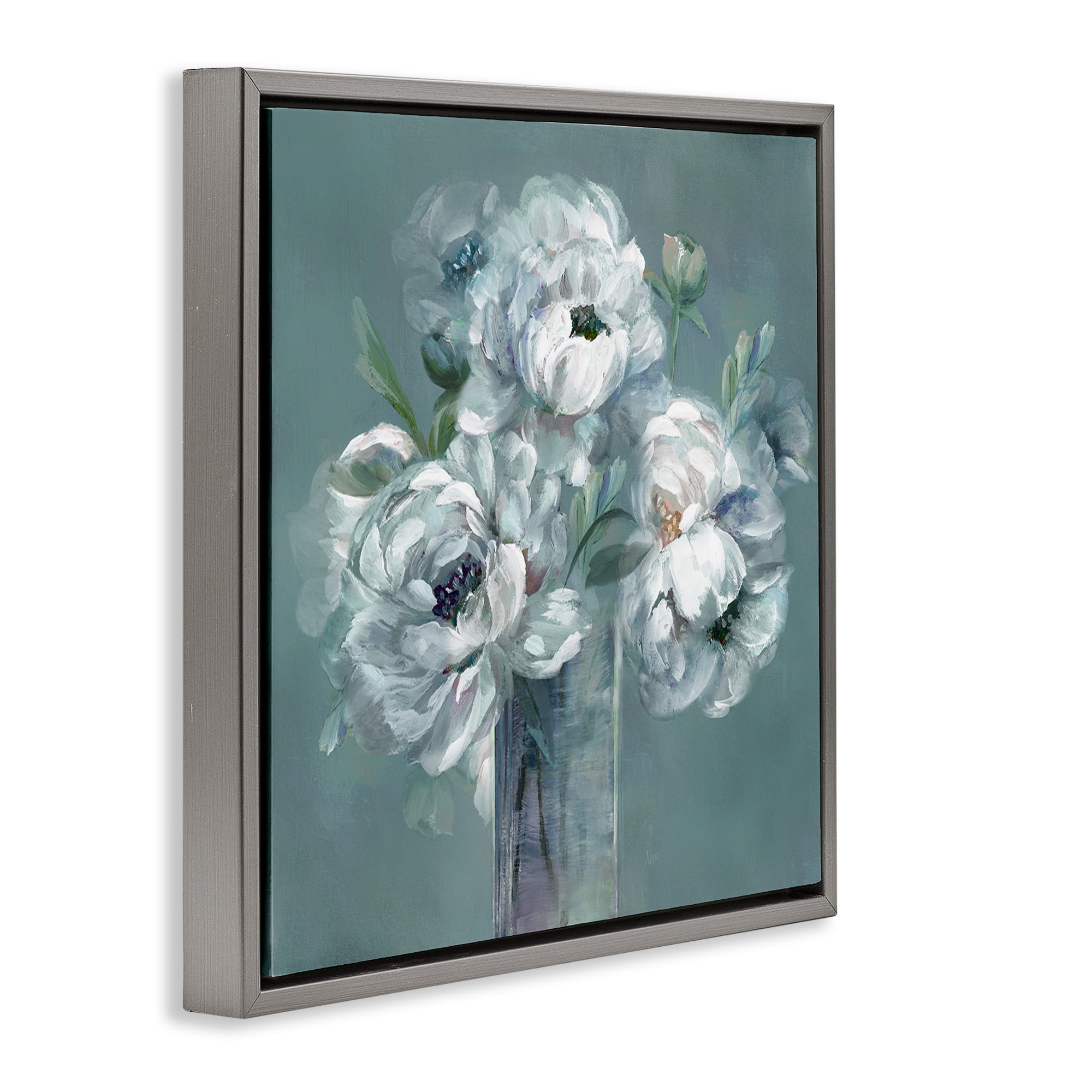 Stupell Industries White Peony Impression in Vase Gray Framed Floater Canvas Wall Art, design by Nan