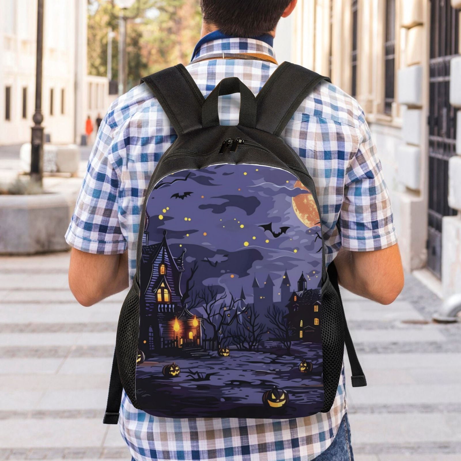 Xecao Mystery House Halloween Night Print School Backpack with Laptop Compartment Small Travel Laptop Backpack for Women Men Waterproof College Backpack Simple School Bag