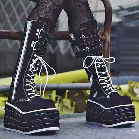 

Juebong Halloween Deals Women s Platform Ankle Boots Casual Zipper Shoelace Chunky Block Heel Boots Autumn Lug Sole Non-Slip Leather Boots