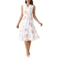 thumbnail image 1 of Vestido sin mangas floral de verano Inspire Chic para mujer, con cinturón y largo hasta la rodilla, vestido de gasa tipo swing en blanco, 1 of 6
