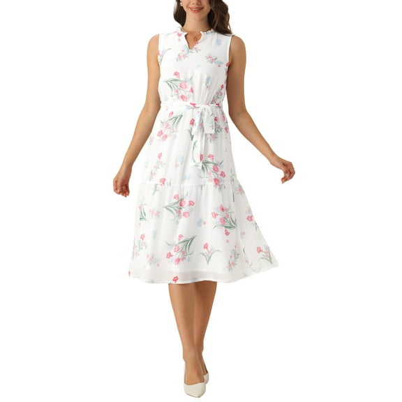 INSPIRE CHIC Summer Sleeveless Floral Dress for Women's Tie Waist Knee Length Chiffon Swing Dresses with Belt XS White