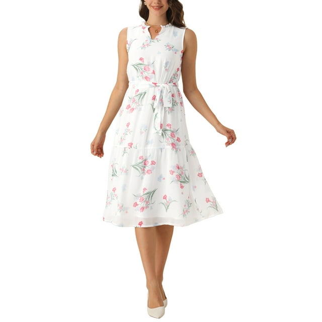 Vestido sin mangas floral de verano Inspire Chic para mujer, con cinturón y largo hasta la rodilla, vestido de gasa tipo swing en blanco