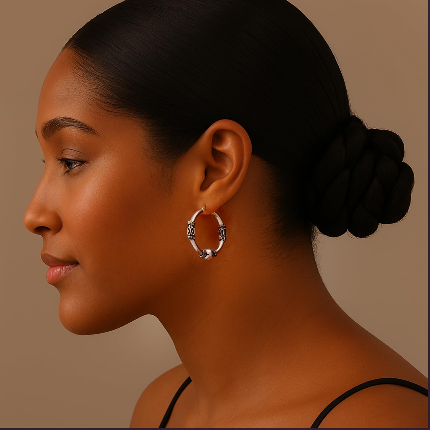 LeCalla 925 Sterling Silver Hypoallergenic Light-Weight Oxidized Click Top Balinese Hoop Earrings for Women and Teen 30MM