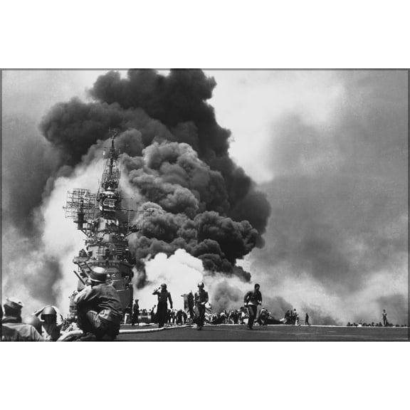 24"x36" Gallery Poster, USS BUNKER HILL hit by two Kamikazes in 30 seconds on 11 May 1945 off Kyushu