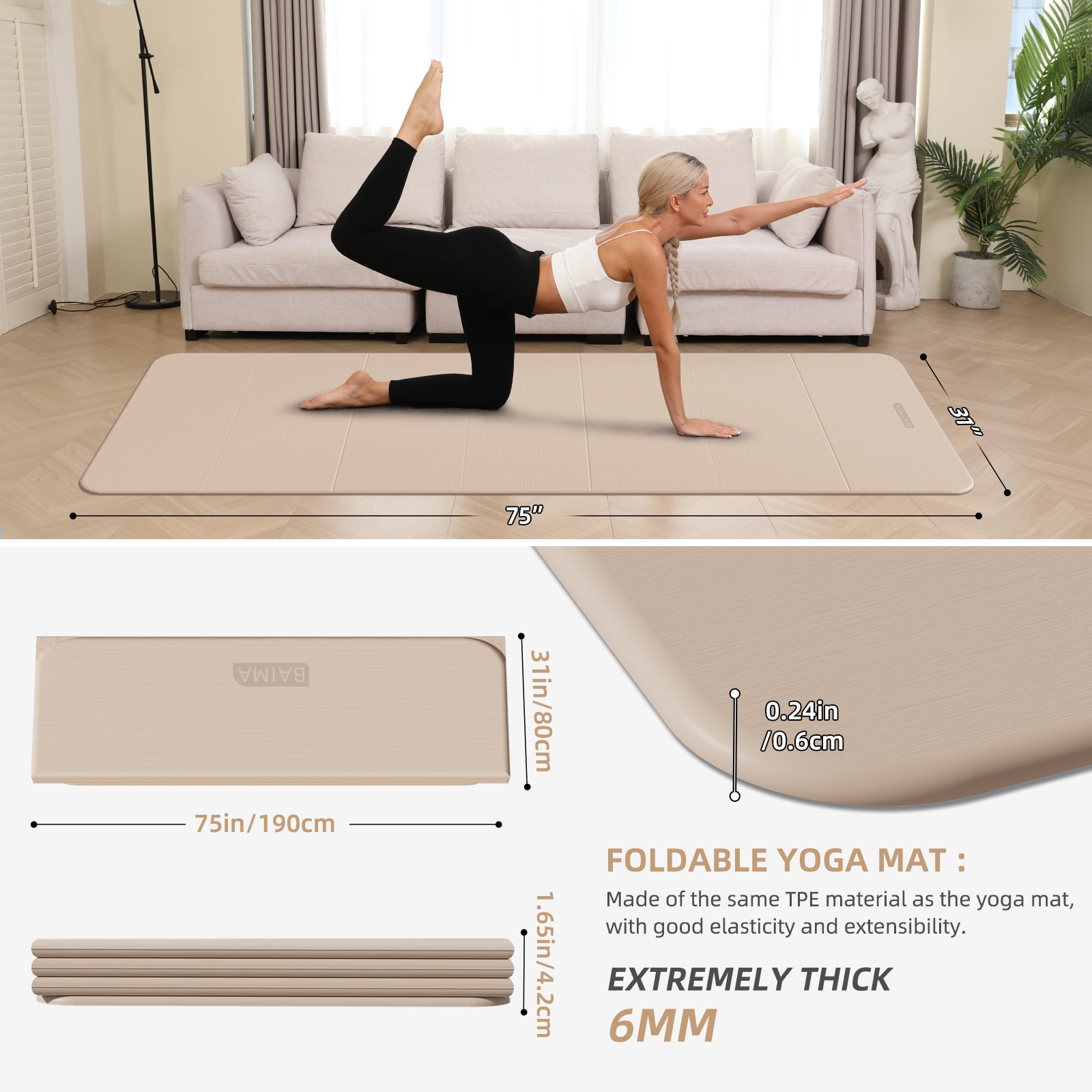 BAIMA Extra Wide Yoga Mat 31.5" x 75" length Large Non-Slip TPE Foldable,Exercise Matt for Yoga Pilates,Home Gym Flooring, Meditation (Milk Coffee)